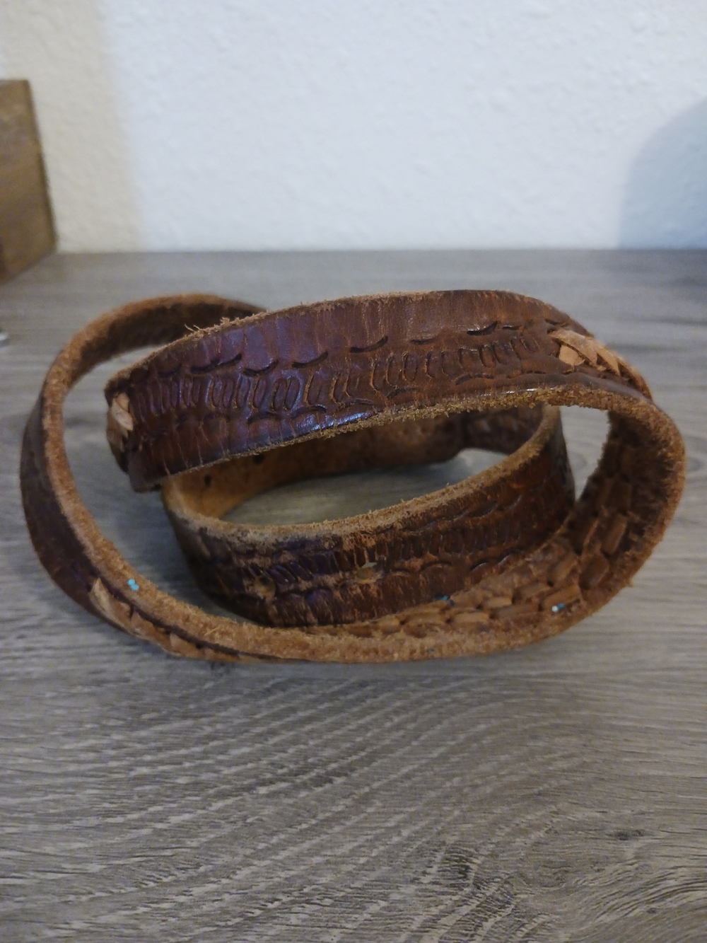 Handcrafted Brown Braided Leather Women’s Belt Wood Buckle 35" long - Picture 4 of 6